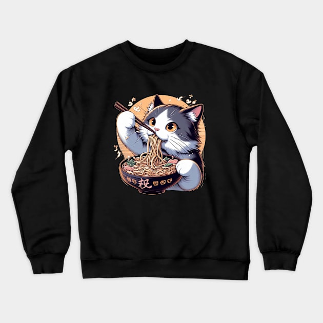 Cute Anime Ramen Cat Crewneck Sweatshirt by Malus Cattus